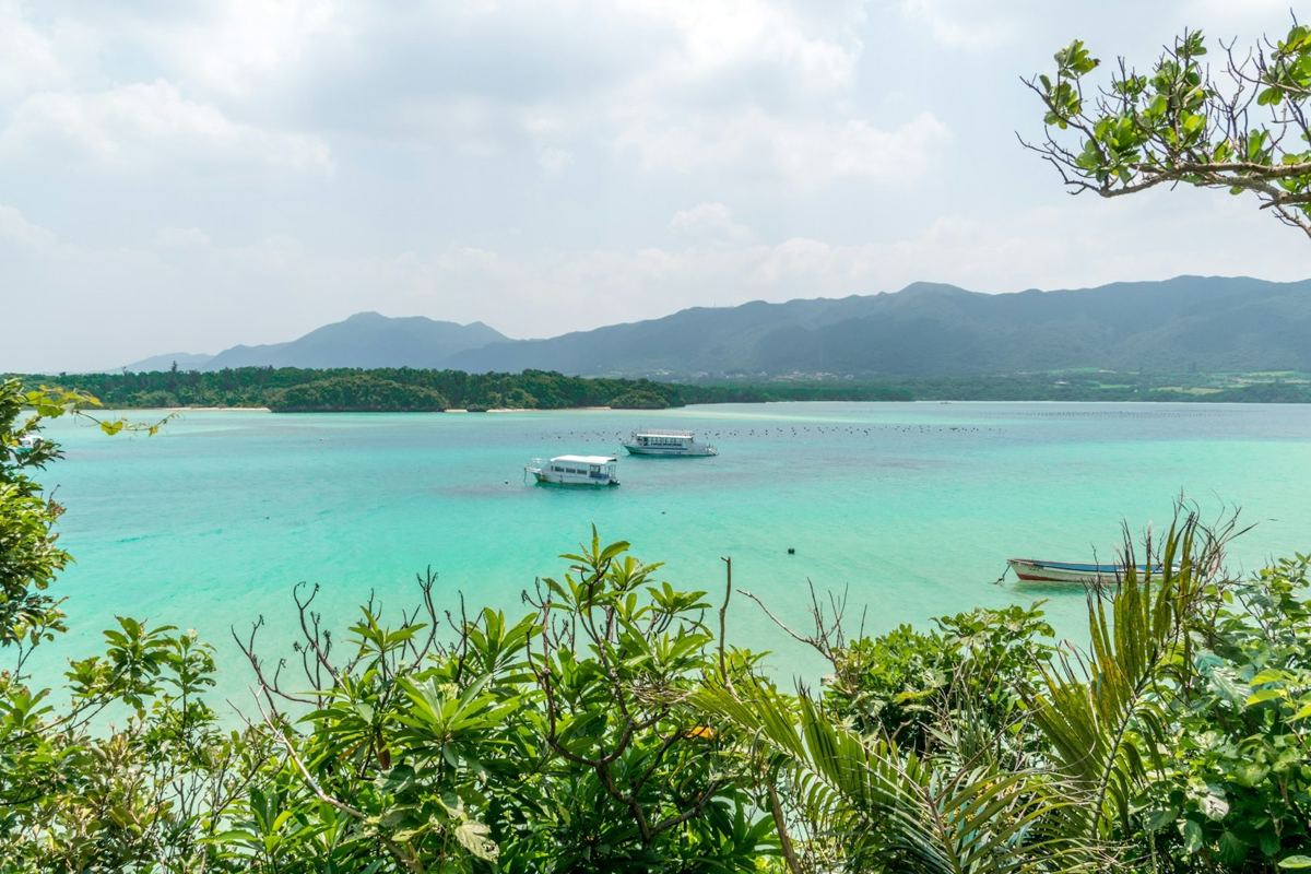 緑越しに見る川平湾と対岸の山並み